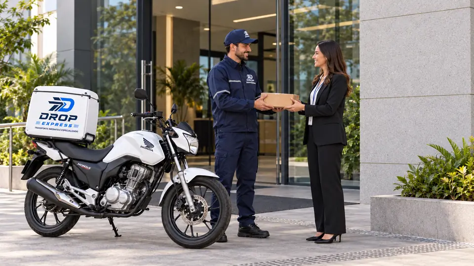 Entregador DROP EXPRESS realizando uma entrega em um prédio comercial de cliente, com a motocicleta e o baú corretamente posicionados